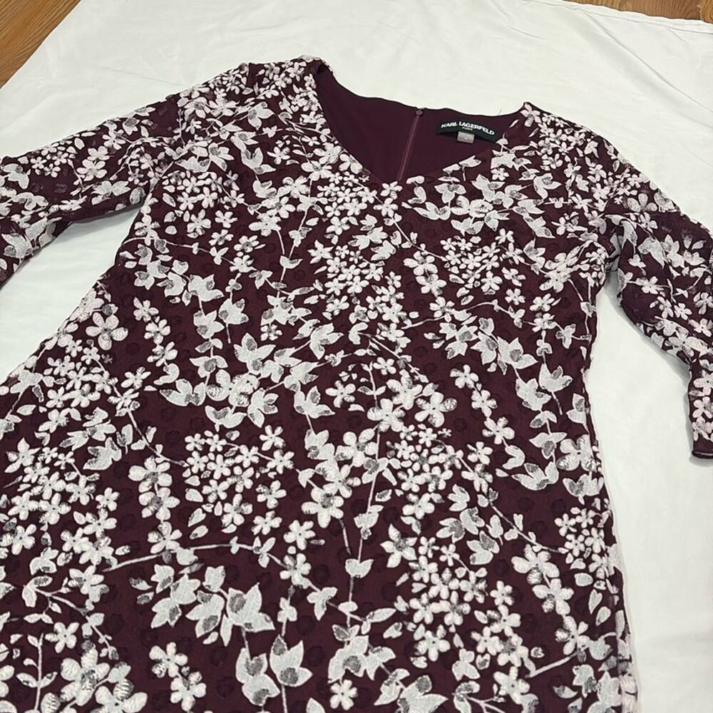 Karl Lagerfeld Womens 14 Dress Carys Floral Ruffle Sleeve Lace Burgundy Feminine - Picture 3 of 9
